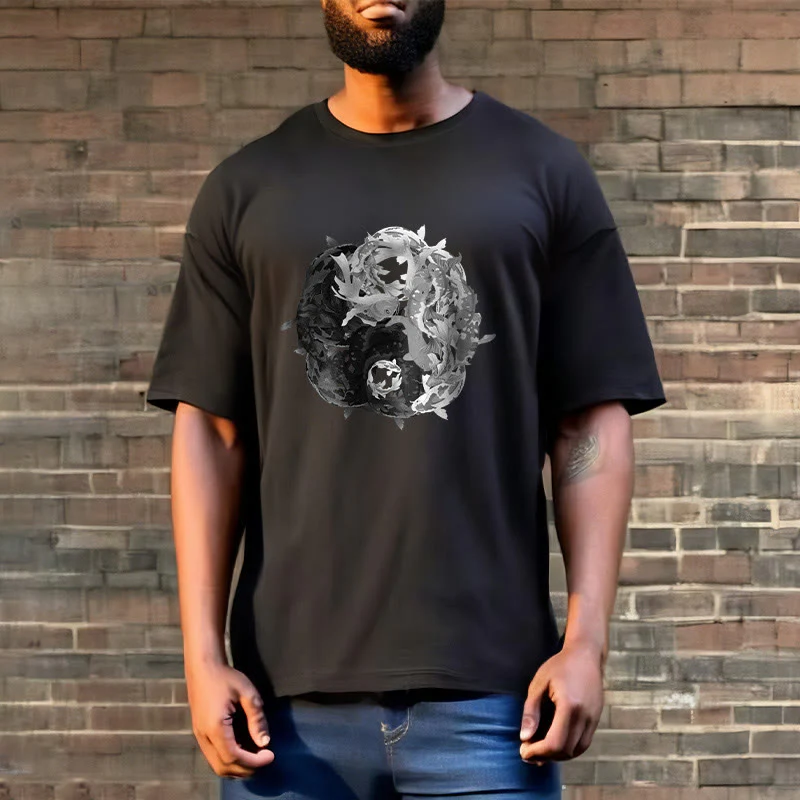 Maglietta in cotone con combinazione di Buddha Stones Yin Yang Koi Fish - Image 16