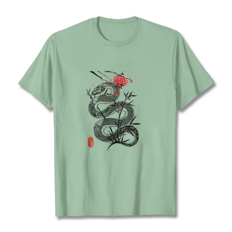 Maglietta in cotone con motivo a serpente, lanterna con Buddha Stones e foglie di bambù - Image 15
