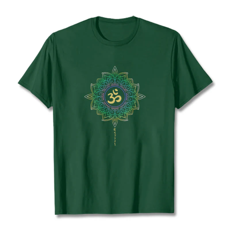 Maglietta in cotone con motivo Buddha Stones OM, giallo e verde sfumato, motivo Lotus