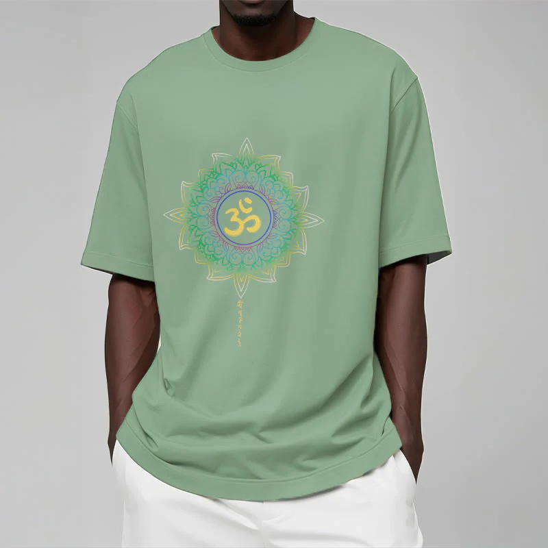 Maglietta in cotone con motivo Buddha Stones OM, giallo e verde sfumato, motivo Lotus - Image 15