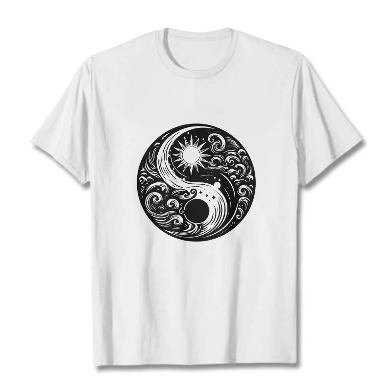 Maglietta in cotone con motivo Buddha Stones, sole, luna, onde e Yin Yang