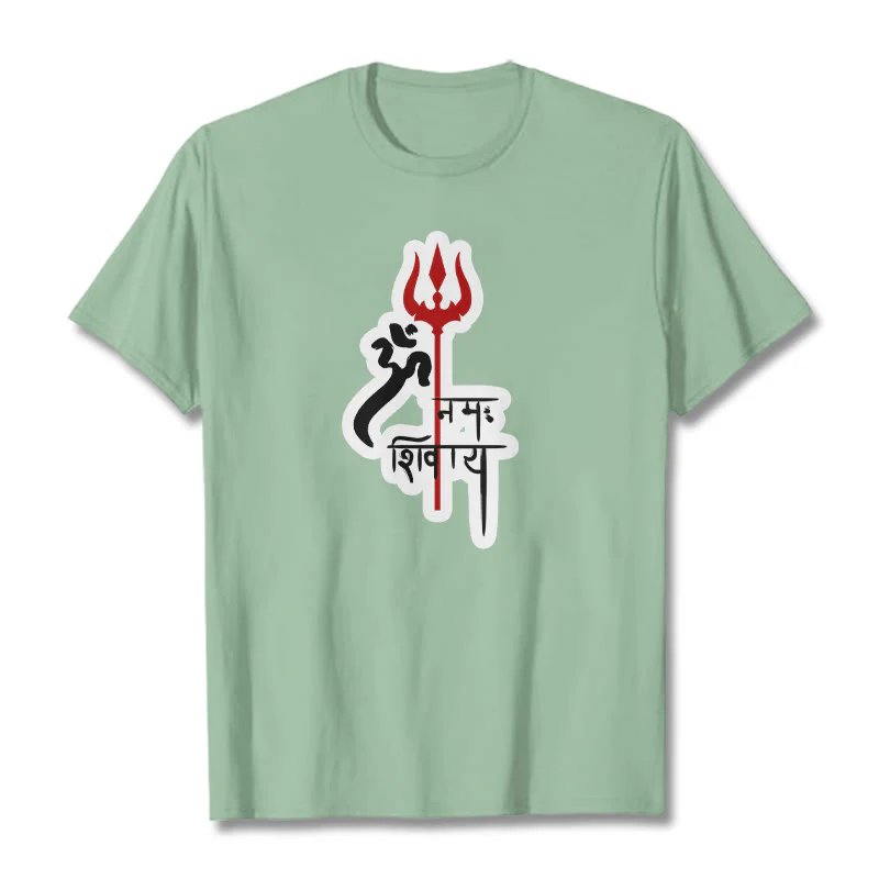 Maglietta in cotone con profilo del tridente rosso Buddha Stones OM NAMAH SHIVAYA