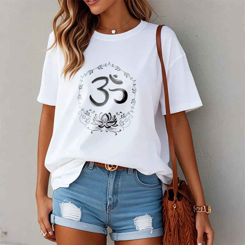 Maglietta in cotone con schizzo Buddha Stones OM Lotus - Image 10
