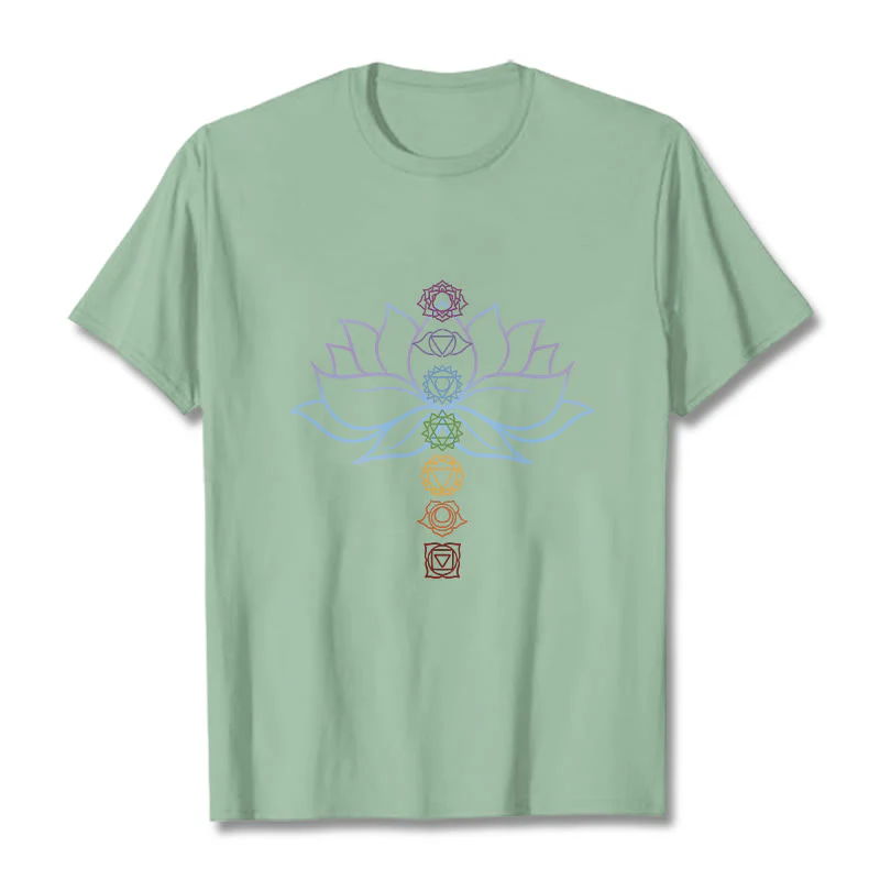 Maglietta in cotone per meditazione Buddha Stones, tonalità pastello, fiore di loto, simboli dei chakra - Image 15