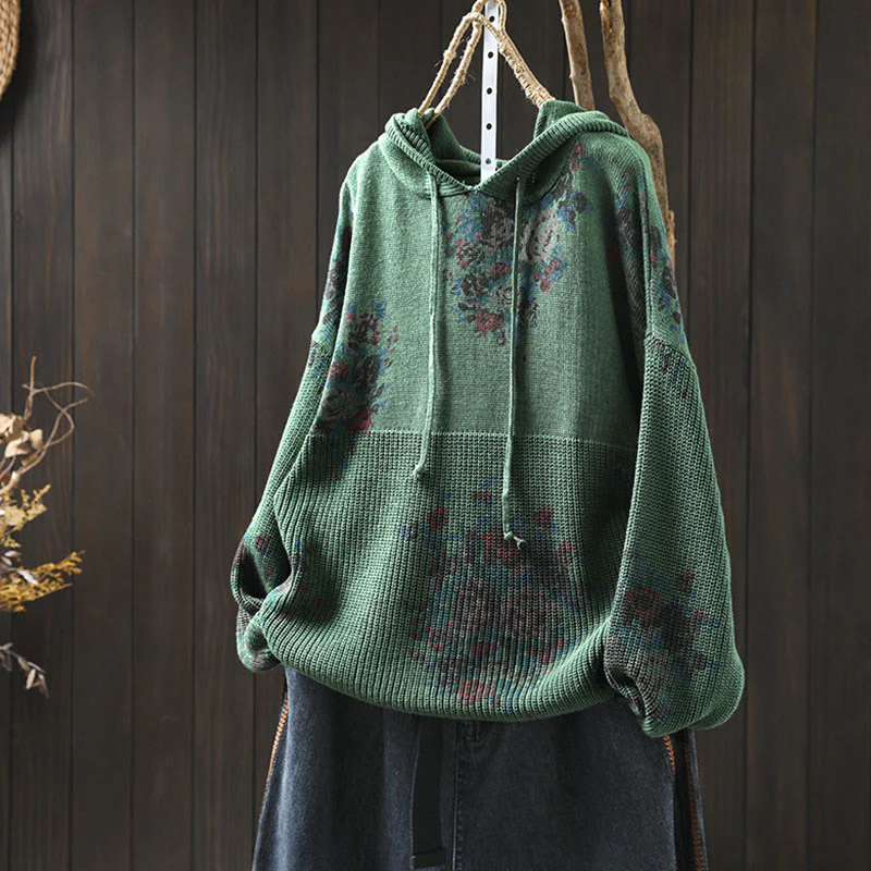 Maglione con cappuccio a maniche lunghe in cotone lavorato a maglia floreale da donna Buddha Stones - Image 11