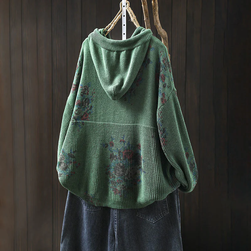 Maglione con cappuccio a maniche lunghe in cotone lavorato a maglia floreale da donna Buddha Stones - Image 12