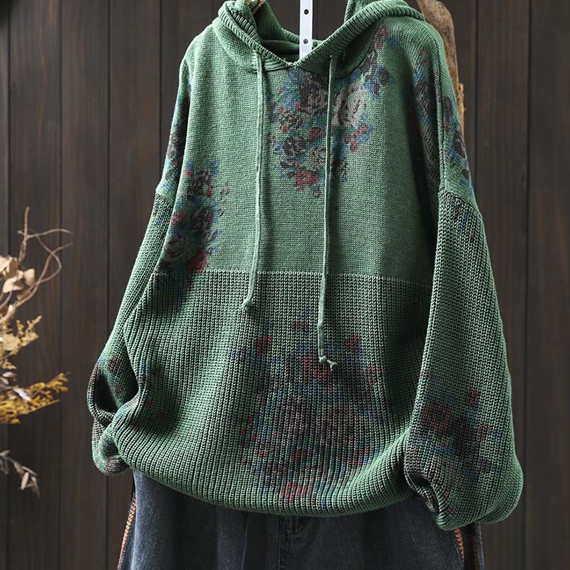 Maglione con cappuccio a maniche lunghe in cotone lavorato a maglia floreale da donna Buddha Stones - Image 13