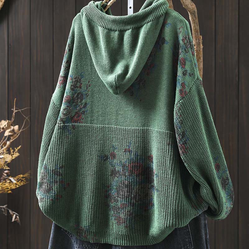 Maglione con cappuccio a maniche lunghe in cotone lavorato a maglia floreale da donna Buddha Stones - Image 14