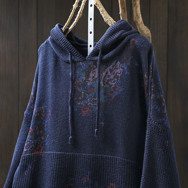 Maglione con cappuccio a maniche lunghe in cotone lavorato a maglia floreale da donna Buddha Stones - Image 22
