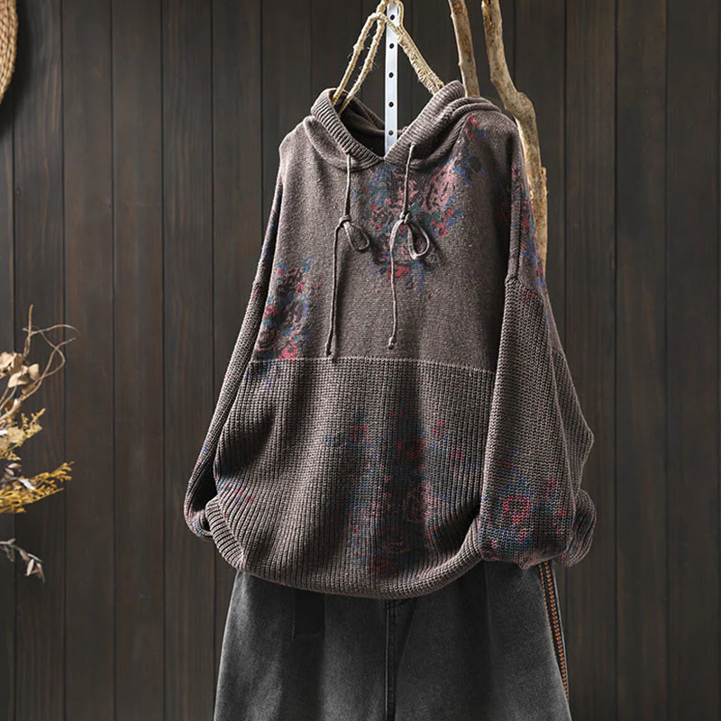 Maglione con cappuccio a maniche lunghe in cotone lavorato a maglia floreale da donna Buddha Stones - Image 23