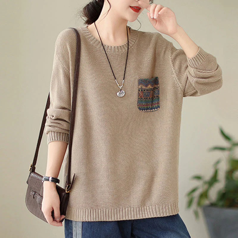 Maglione da donna a maniche lunghe in cotone lavorato a maglia con motivo floreale decorativo autunnale Buddha Stones - Image 5