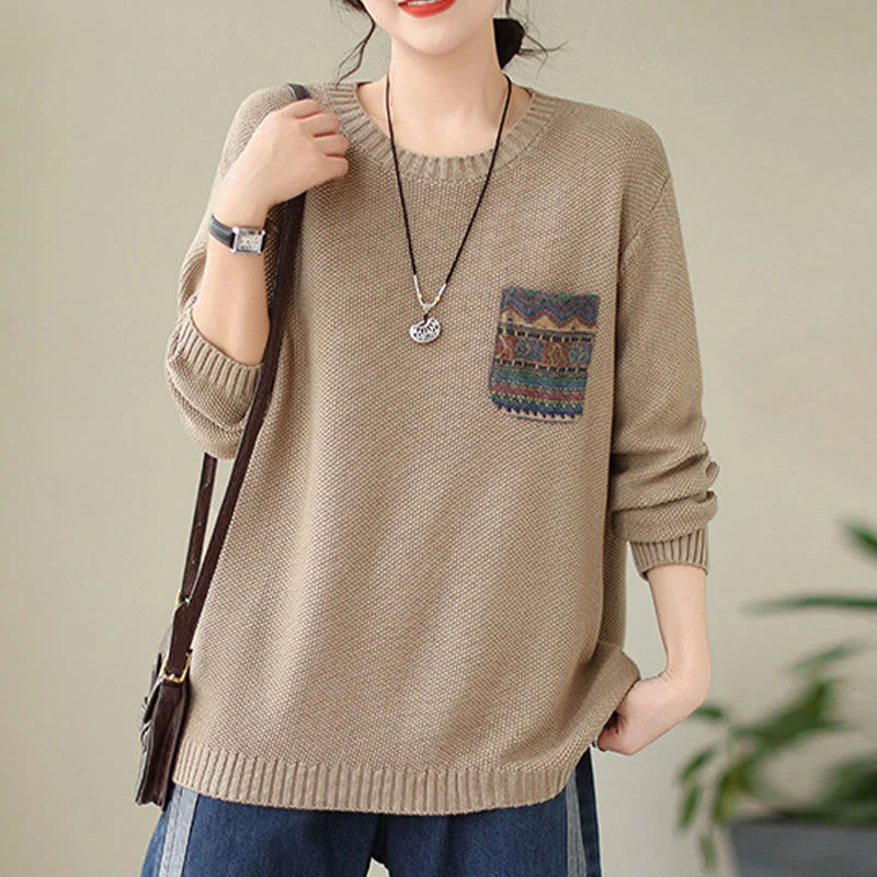 Maglione da donna a maniche lunghe in cotone lavorato a maglia con motivo floreale decorativo autunnale Buddha Stones - Image 6