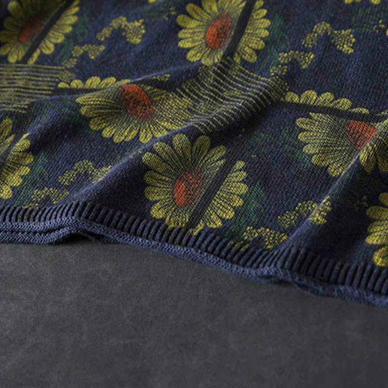 Maglione da donna in cotone a maniche lunghe con collo alto e motivo a girasole Buddha Stones - Image 11
