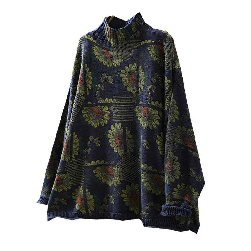 Maglione da donna in cotone a maniche lunghe con collo alto e motivo a girasole Buddha Stones - Image 13