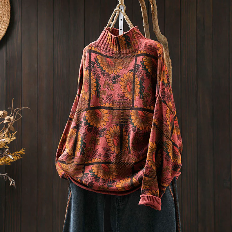 Maglione da donna in cotone a maniche lunghe con collo alto e motivo a girasole Buddha Stones - Image 14