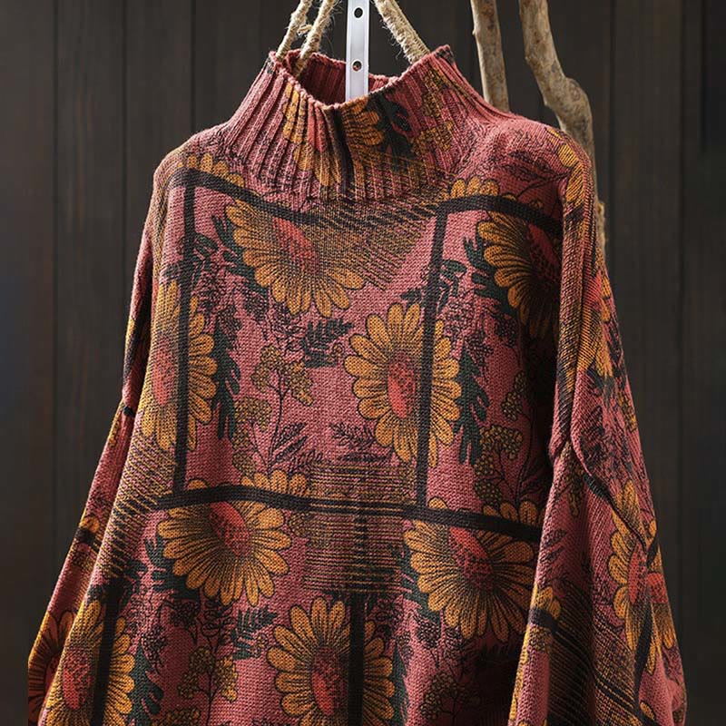 Maglione da donna in cotone a maniche lunghe con collo alto e motivo a girasole Buddha Stones - Image 15