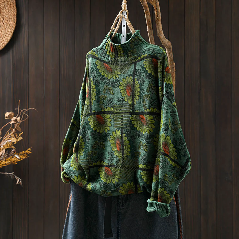 Maglione da donna in cotone a maniche lunghe con collo alto e motivo a girasole Buddha Stones - Image 16