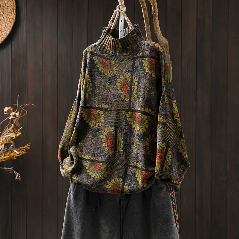Maglione da donna in cotone a maniche lunghe con collo alto e motivo a girasole Buddha Stones - Image 18