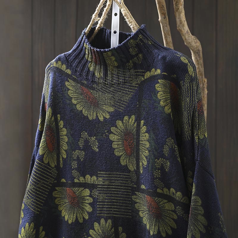 Maglione da donna in cotone a maniche lunghe con collo alto e motivo a girasole Buddha Stones - Image 5