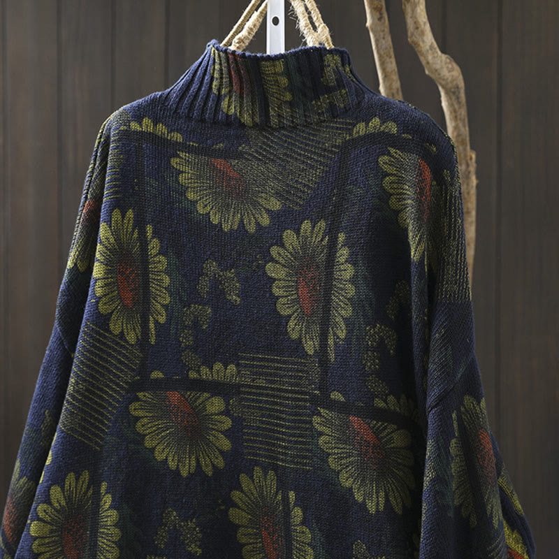 Maglione da donna in cotone a maniche lunghe con collo alto e motivo a girasole Buddha Stones - Image 6