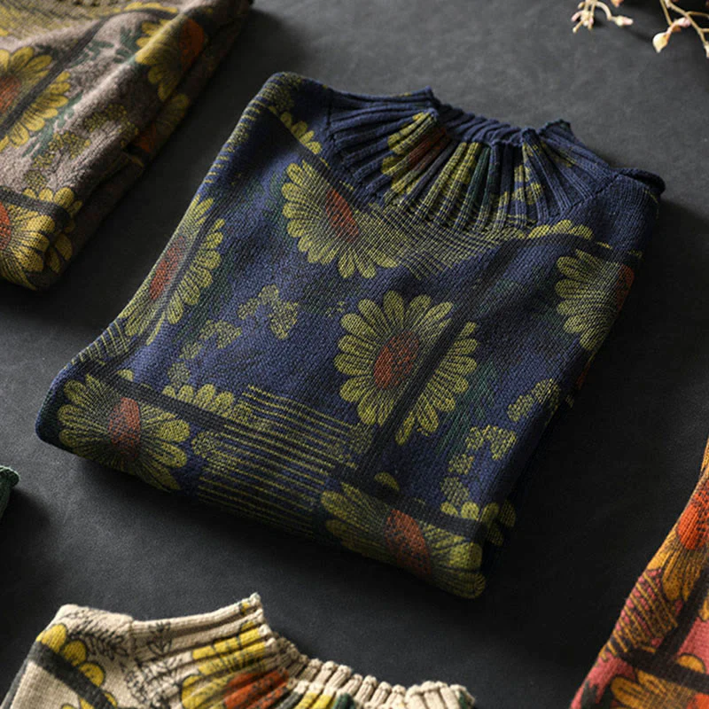 Maglione da donna in cotone a maniche lunghe con collo alto e motivo a girasole Buddha Stones - Image 7