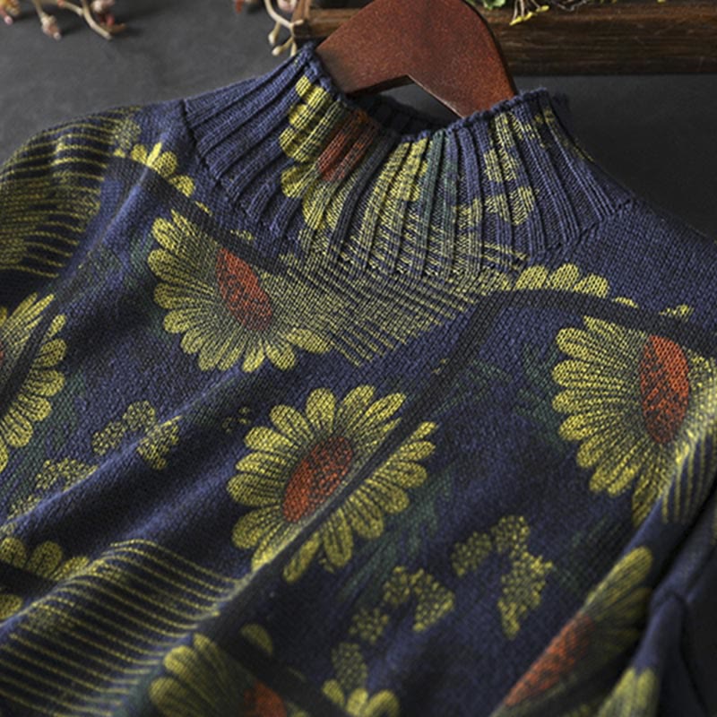 Maglione da donna in cotone a maniche lunghe con collo alto e motivo a girasole Buddha Stones - Image 8