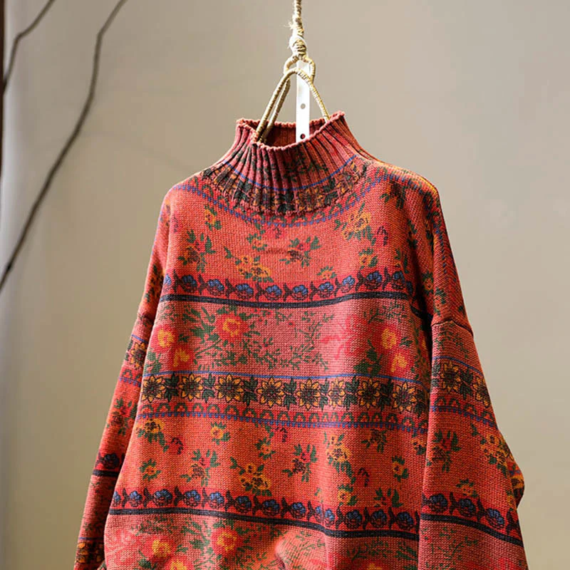 Maglione da donna in cotone a maniche lunghe con collo alto e motivo floreale color-block invernale Buddha Stones - Image 15