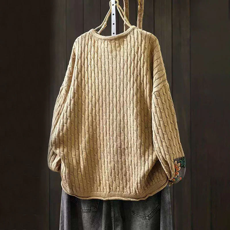 Maglione da donna in cotone con scollo rotondo e maniche lunghe, motivo patchwork invernale Buddha Stones - Image 3