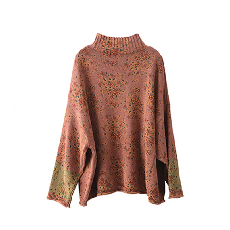 Maglione da donna in cotone lavorato a maglia con collo alto, manica lunga e stampa floreale autunnale Buddha Stones - Image 10