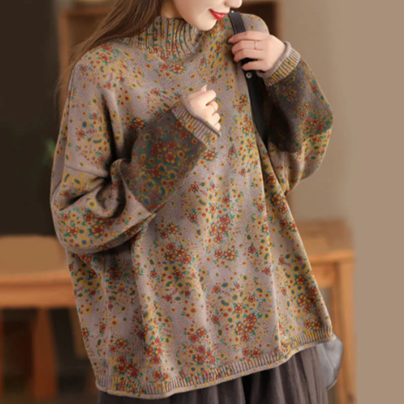 Maglione da donna in cotone lavorato a maglia con collo alto, manica lunga e stampa floreale autunnale Buddha Stones - Image 11