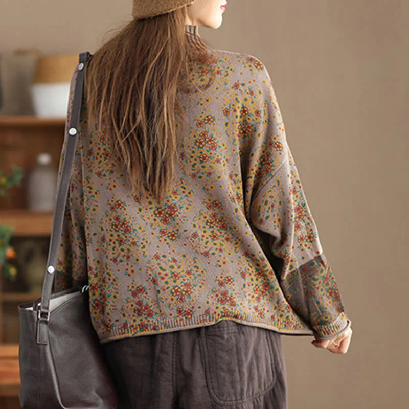 Maglione da donna in cotone lavorato a maglia con collo alto, manica lunga e stampa floreale autunnale Buddha Stones - Image 12