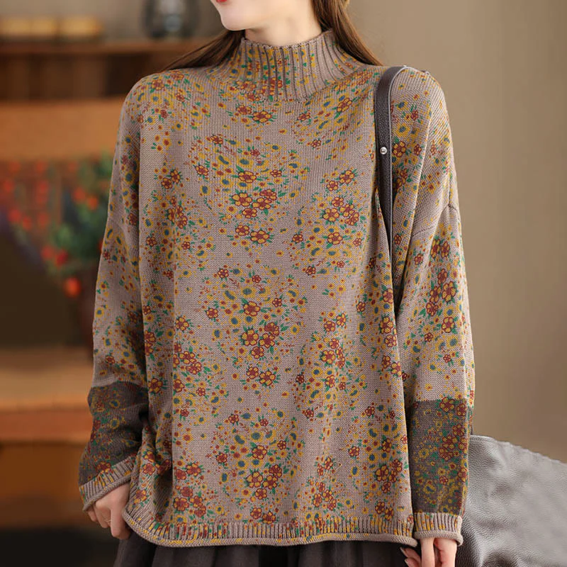 Maglione da donna in cotone lavorato a maglia con collo alto, manica lunga e stampa floreale autunnale Buddha Stones - Image 13
