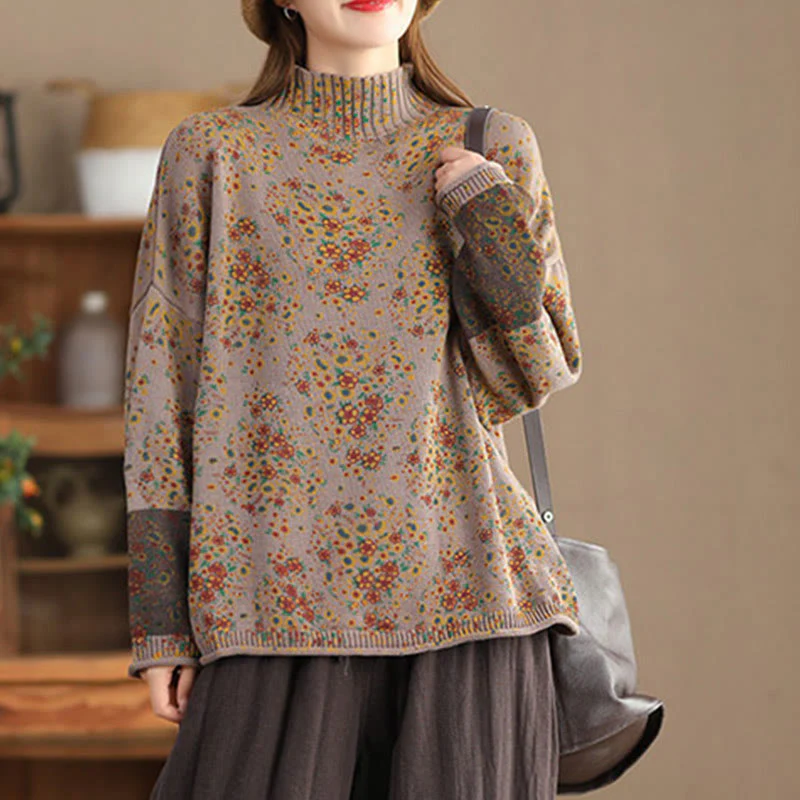 Maglione da donna in cotone lavorato a maglia con collo alto, manica lunga e stampa floreale autunnale Buddha Stones - Image 14