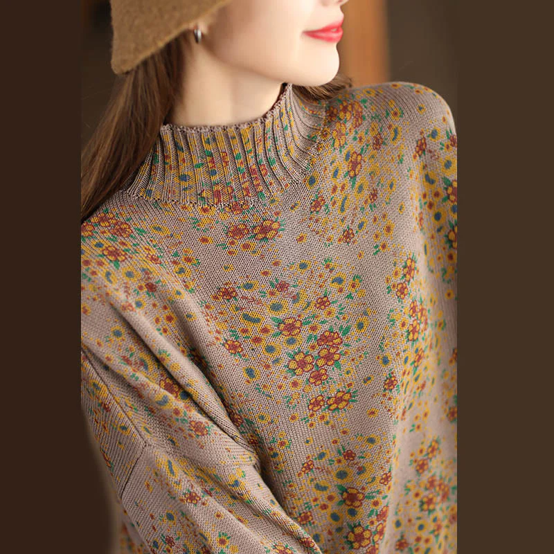 Maglione da donna in cotone lavorato a maglia con collo alto, manica lunga e stampa floreale autunnale Buddha Stones - Image 15