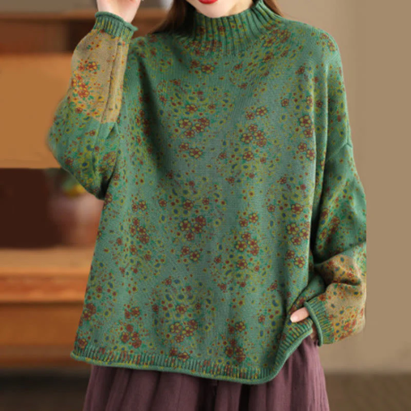 Maglione da donna in cotone lavorato a maglia con collo alto, manica lunga e stampa floreale autunnale Buddha Stones - Image 16