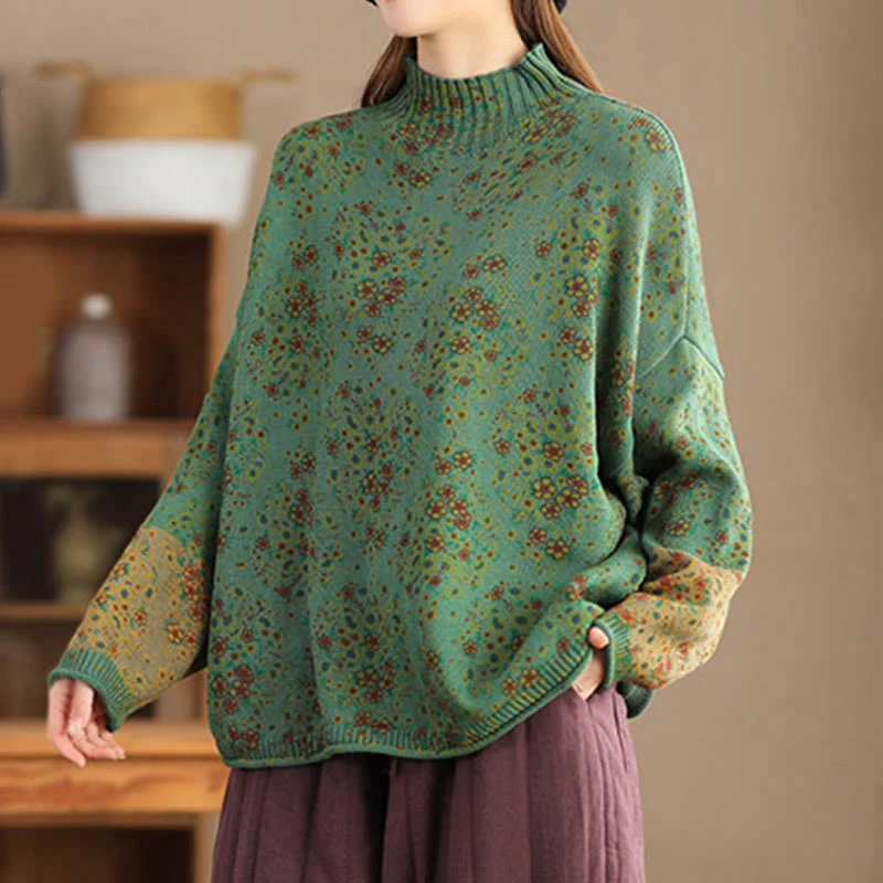 Maglione da donna in cotone lavorato a maglia con collo alto, manica lunga e stampa floreale autunnale Buddha Stones - Image 17