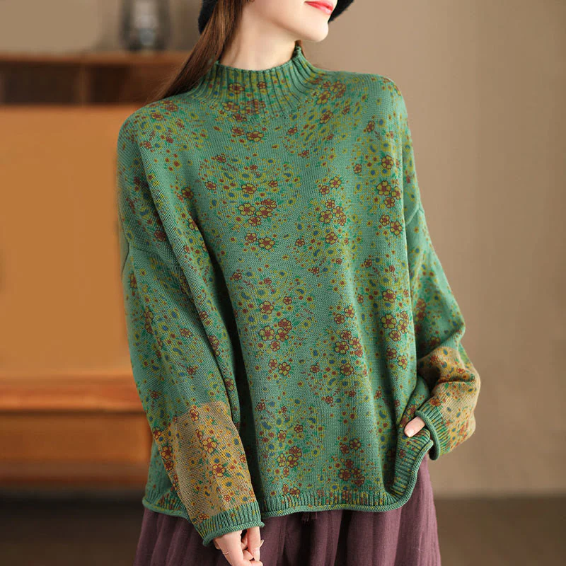 Maglione da donna in cotone lavorato a maglia con collo alto, manica lunga e stampa floreale autunnale Buddha Stones - Image 18