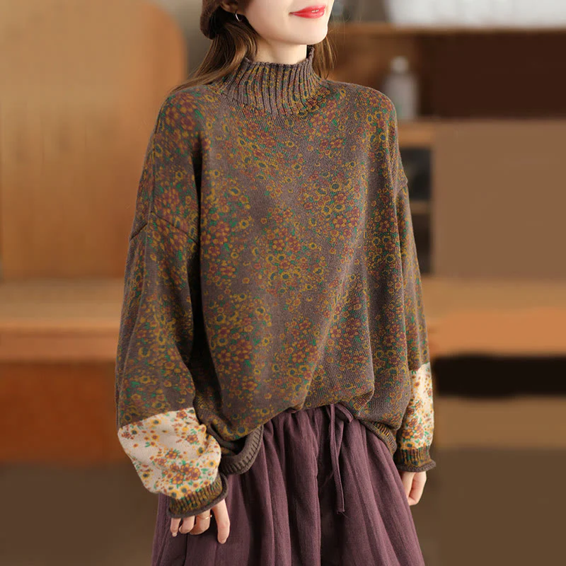 Maglione da donna in cotone lavorato a maglia con collo alto, manica lunga e stampa floreale autunnale Buddha Stones - Image 19