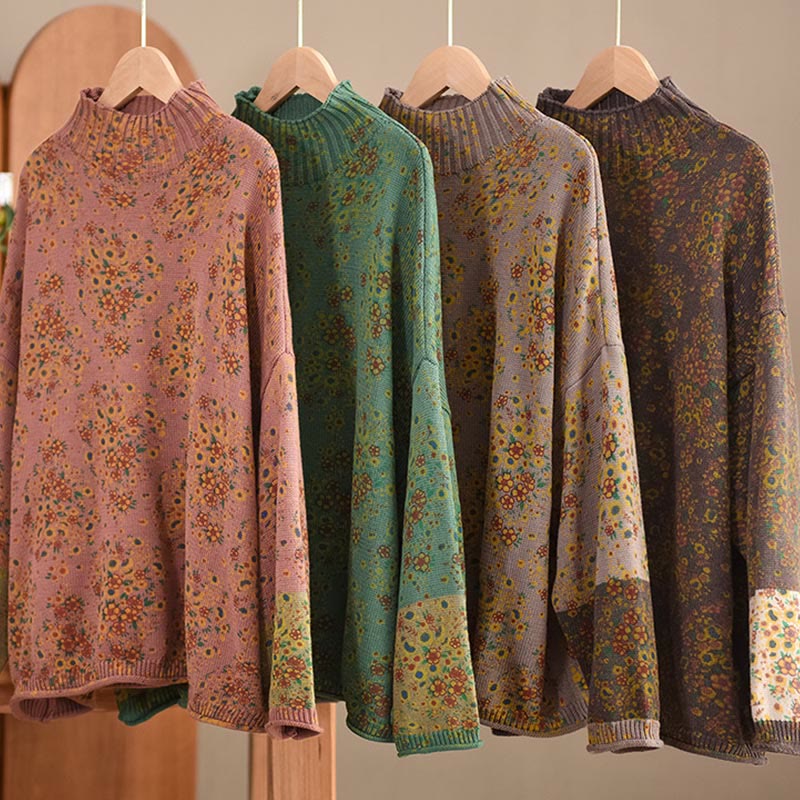 Maglione da donna in cotone lavorato a maglia con collo alto, manica lunga e stampa floreale autunnale Buddha Stones - Image 20