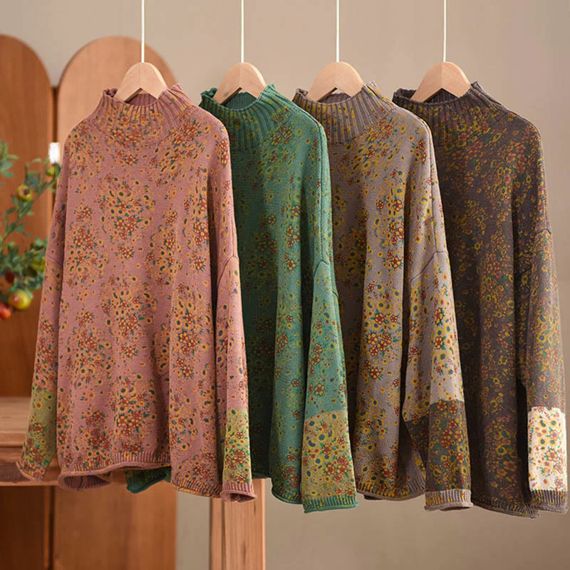 Maglione da donna in cotone lavorato a maglia con collo alto, manica lunga e stampa floreale autunnale Buddha Stones - Image 21