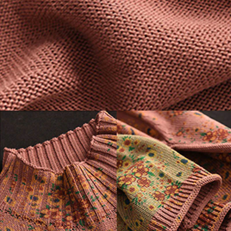 Maglione da donna in cotone lavorato a maglia con collo alto, manica lunga e stampa floreale autunnale Buddha Stones - Image 8