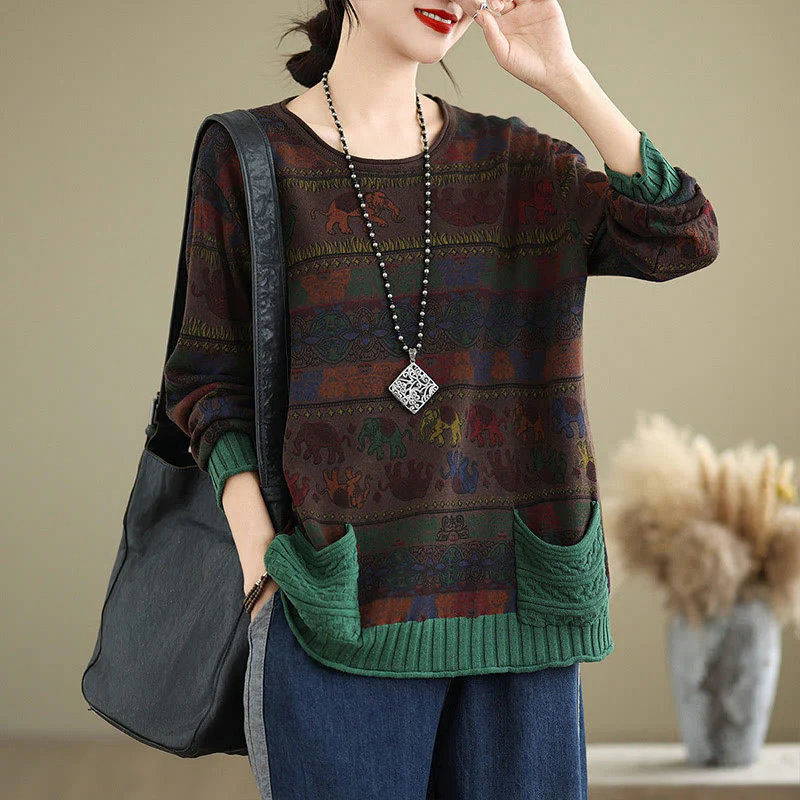 Maglione da donna in cotone lavorato a maglia con maniche lunghe e tasche, motivo elefante autunnale Buddha Stones - Image 14