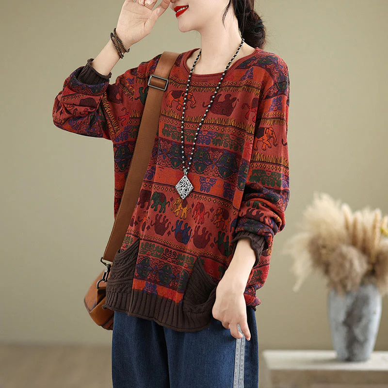 Maglione da donna in cotone lavorato a maglia con maniche lunghe e tasche, motivo elefante autunnale Buddha Stones - Image 23