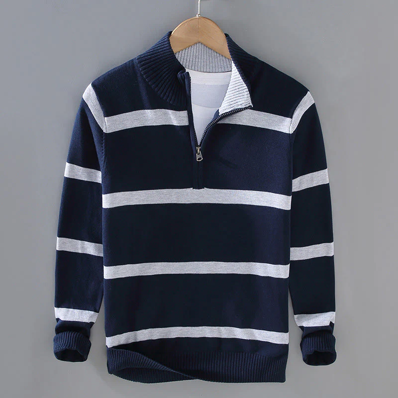 Maglione da uomo in cotone a maniche lunghe con cerniera a mezza lunghezza e strisce a contrasto di colore Buddha Stones - Image 12