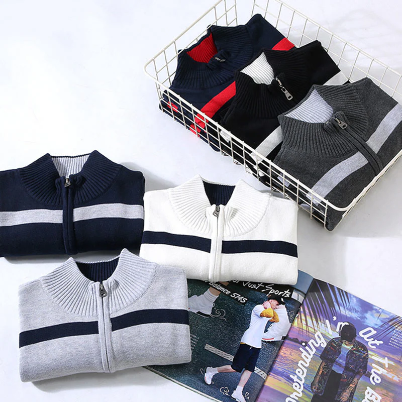Maglione da uomo in cotone a maniche lunghe con cerniera a mezza lunghezza e strisce a contrasto di colore Buddha Stones - Image 15