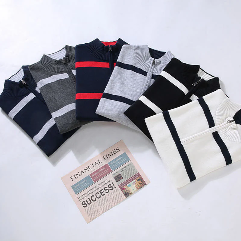 Maglione da uomo in cotone a maniche lunghe con cerniera a mezza lunghezza e strisce a contrasto di colore Buddha Stones - Image 16