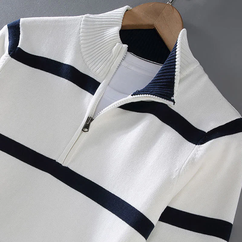 Maglione da uomo in cotone a maniche lunghe con cerniera a mezza lunghezza e strisce a contrasto di colore Buddha Stones - Image 4