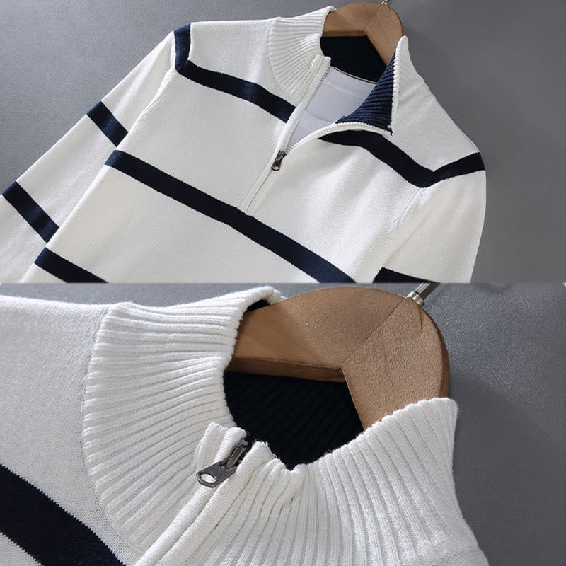Maglione da uomo in cotone a maniche lunghe con cerniera a mezza lunghezza e strisce a contrasto di colore Buddha Stones - Image 5
