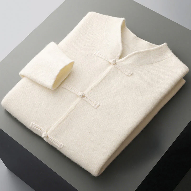Maglione invernale a maniche lunghe in lana con bottoni cinesi e rana, tinta unita, da uomo , Buddha Stones - Image 4