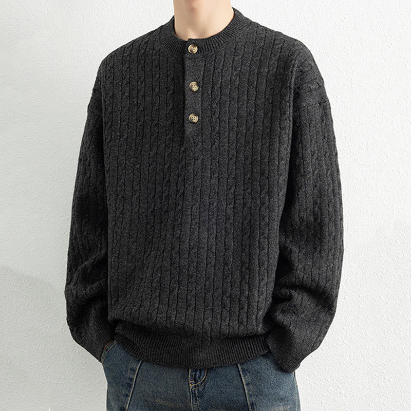 Maglione invernale da uomo a maniche lunghe con scollo rotondo e tre bottoni, modello intrecciato, motivo Buddha Stones - Image 17